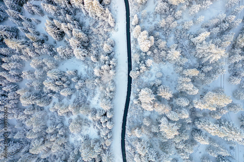 Narrow channel in the middle of a snowy forest