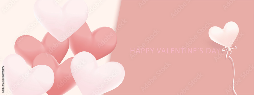 Valentines day banner. Heart shaped balloons pastel colors. Vector