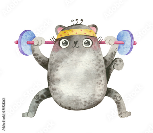 Cat athlete. Cute character squats with a barbell. Mascot for sports goods, fitness courses. Watercolor hand drawn illustration.
