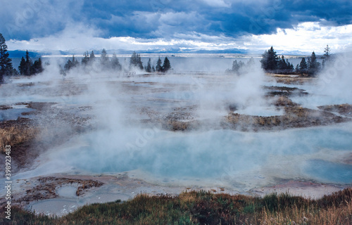 Hot springs with steam in Yellowstone National Park  USA