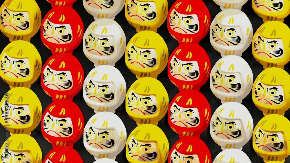 3 colors Daruma dolls on black background.
3D illustration for background. 3 colors Daruma dolls on black background.
3D illustration for background.
