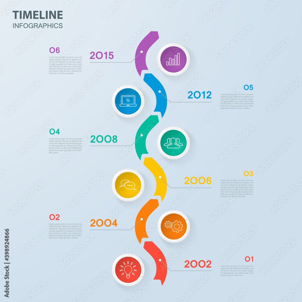 Infographics timeline template with realistic colorful circles for 6 steps and icons.