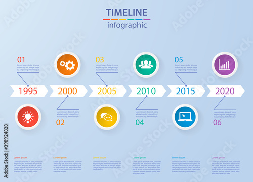 Infographics timeline template with realistic colorful circles for 6 steps and icons
