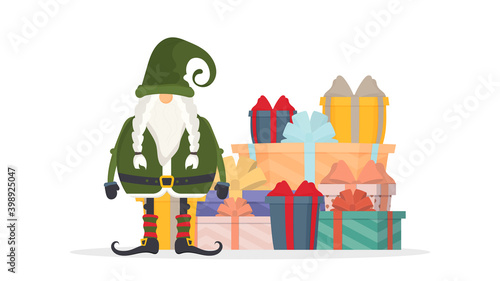 Christmas gnome with gifts. Small man with a beard in green clothes. Beautiful present box with overwhelming bow. Mountain gifts. Christmas gift box. Vector.