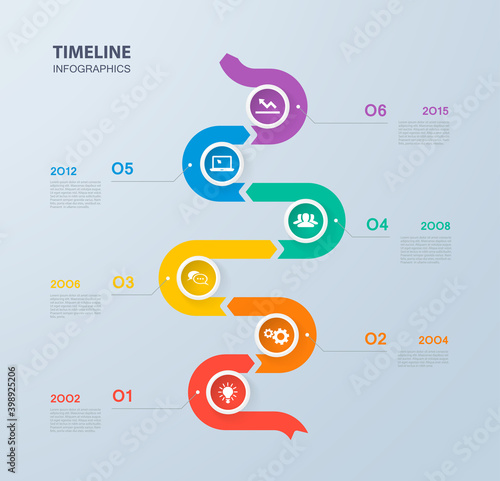 Infographics timeline template with realistic colorful circles for 6 steps and icons.