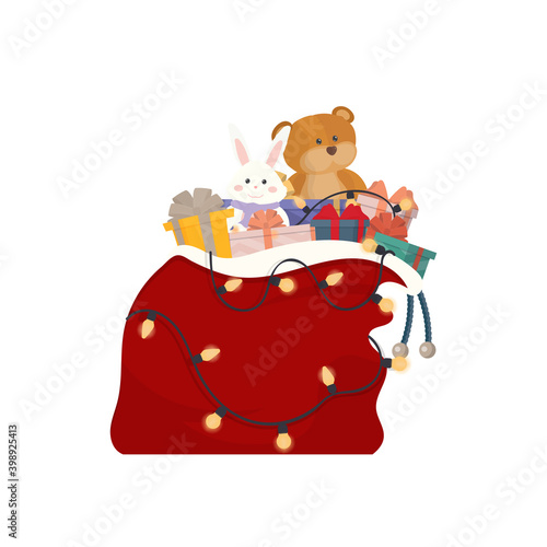 Vector Santa Claus bag with toys and gifts.