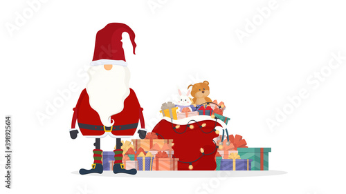 Santa Claus with a bag of gifts. A beautiful gift box with a stunning bow. Mountain gifts. Christmas gift box. Vector.