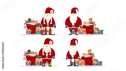 Set of Santa Claus with a bag of gifts. A beautiful gift box with a stunning bow. Mountain gifts. Christmas gift box. Vector illustration of a retro Christmas card.