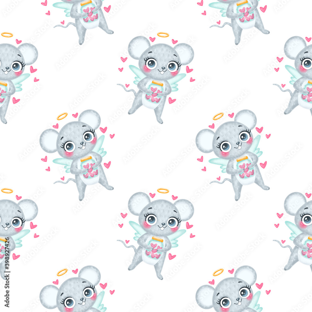 Valentine's day animals seamless pattern. Cute cartoon mouse cupid seamless pattern.