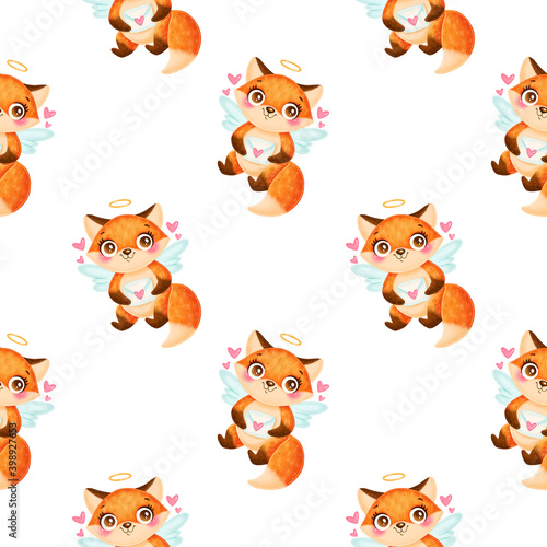 Valentine s day animals seamless pattern. Cute cartoon fox cupid seamless pattern.