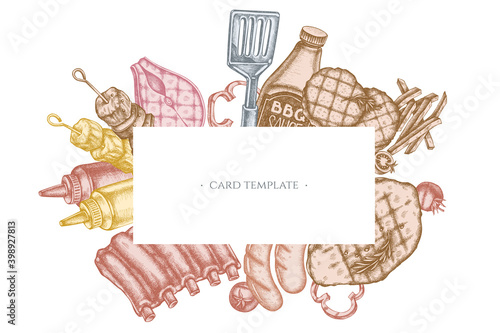 Frames with pastel spatula, Pork ribs, kebab, sausages, steak, sauce bottles, grilled burger patties, grilled tomato, grilled salmon steak, grilled bell pepper