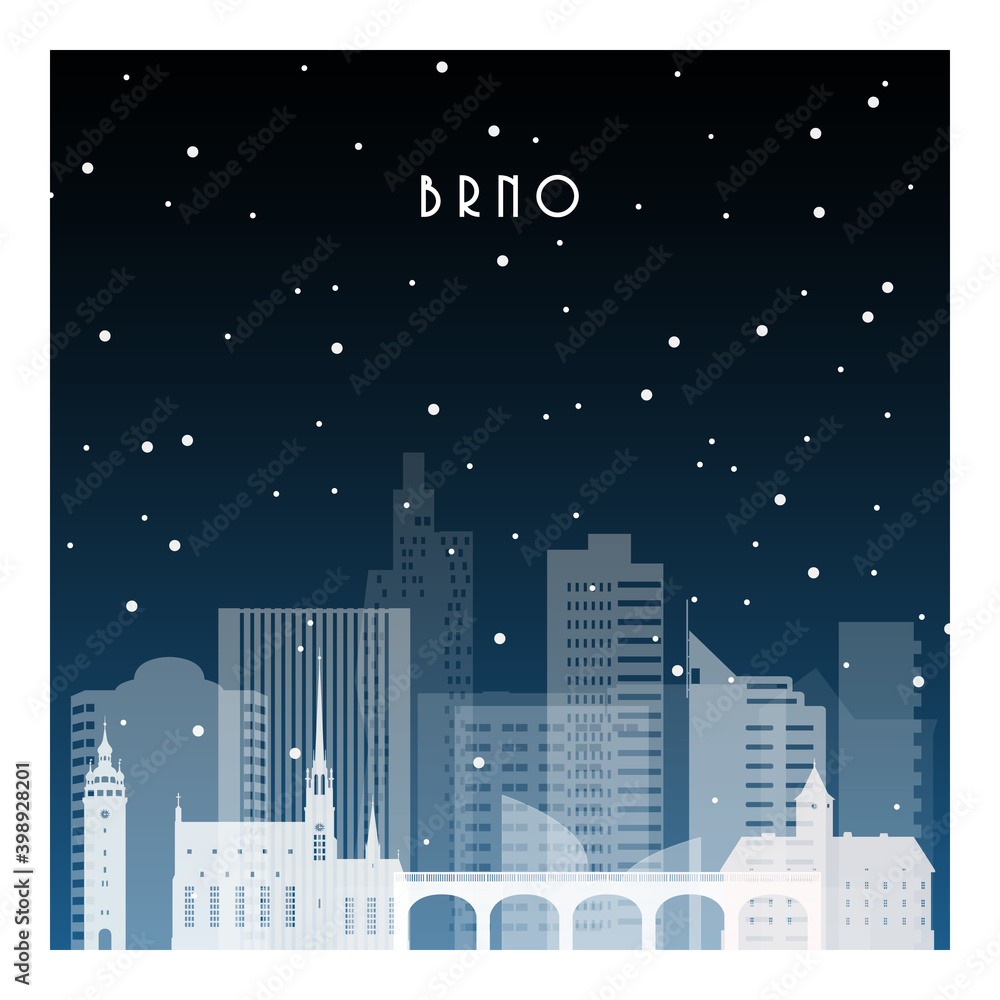 Winter night in Brno. Night city in flat style for banner, poster, illustration, background.
