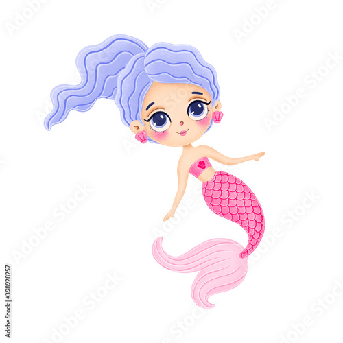 Illustration of cute cartoon mermaid with pink tail isolated on white background