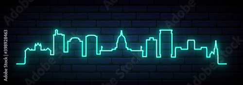 Blue neon skyline of Madison. Bright Madison City long banner. Vector illustration.