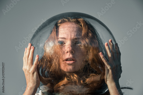 The girl has an aquarium on her head. Portrait