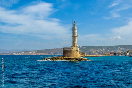 Approaching the main harbour entrance in Chania, Crete on a bright sunny day