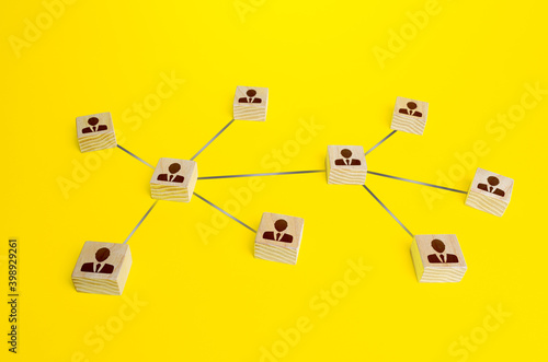 Blocks of people connected in one network. Communication and interaction, building business relationships. Team building formation. Cooperation without leader. Distribution responsibilities.