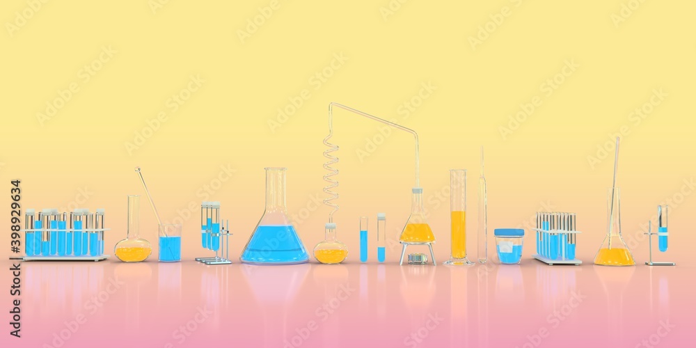 3D illustration of objects - Line of laboratory test-tubes with various pharmaceutical glassware with blue and orange liquids on yellow - pink gradient background - study concept background