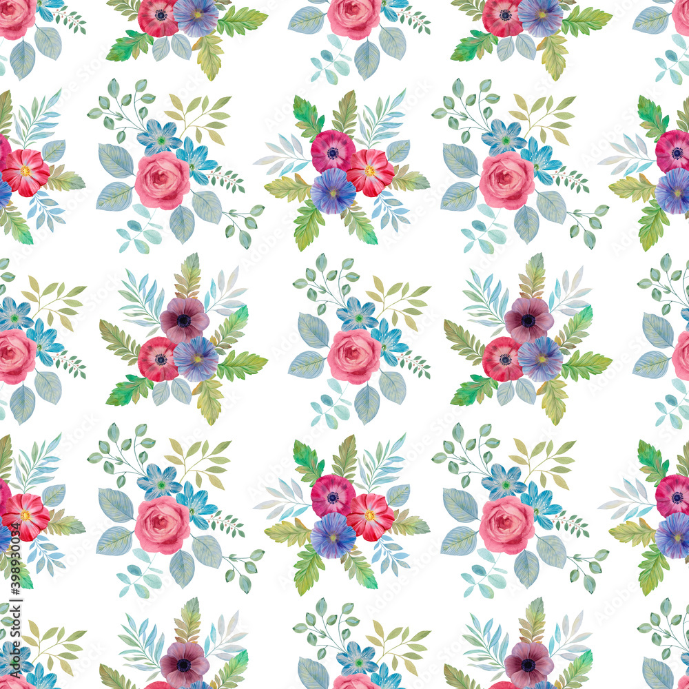 Botanical seamless pattern. Watercolor pattern of leaves and flowers. Bright bouquets of flowers on a white background. Suitable for design, textiles and wrapping paper. Botanical seamless pattern. Watercolor pattern of leaves and flowers. Bright bouquets of flowers on a white background. Suitable for design, textiles and wrapping paper.