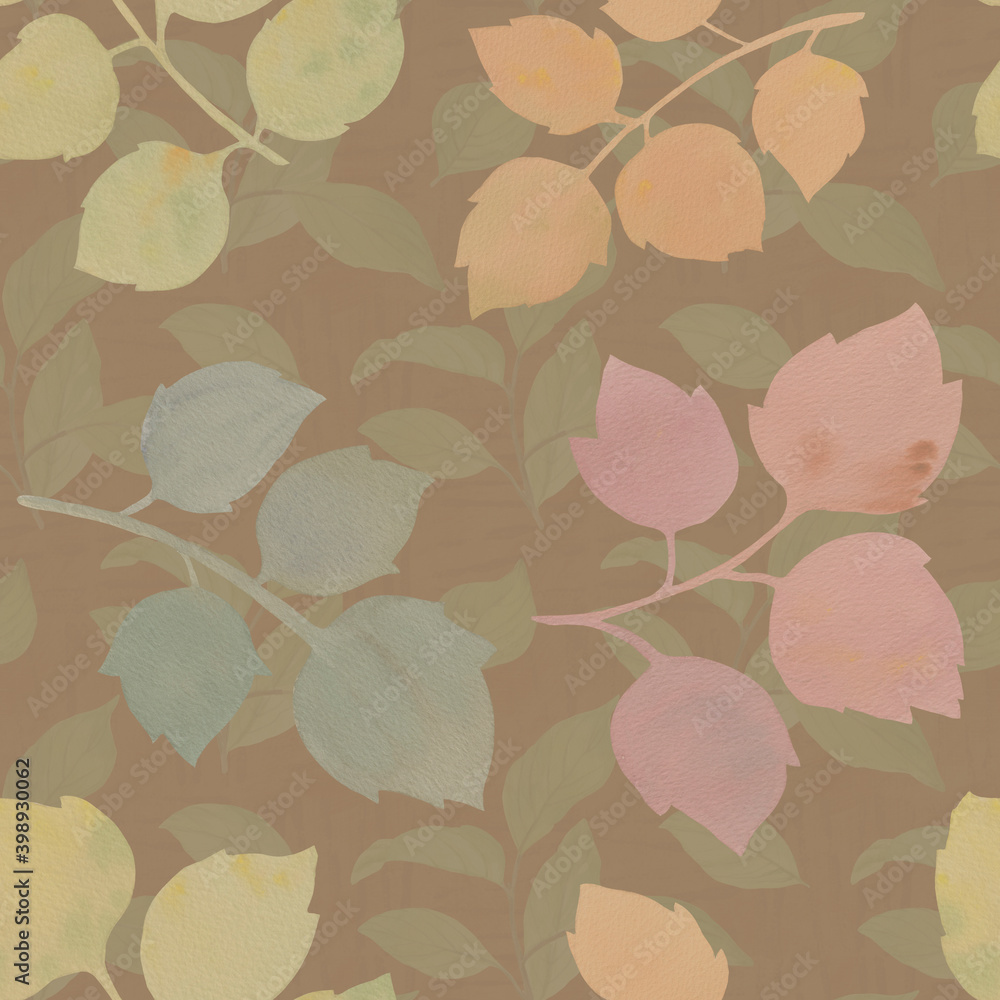 Botanical seamless pattern. Delicate colors, background from watercolor leaves. Decorative leaves on a green background. ornament for design, print, wallpaper and textile.