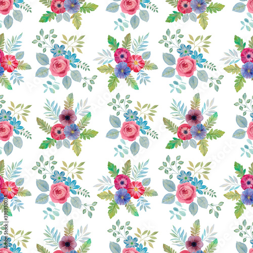 Botanical seamless pattern. Watercolor pattern of leaves and flowers. Bright bouquets of flowers on a white background. Suitable for design, textiles and wrapping paper. © Sergei