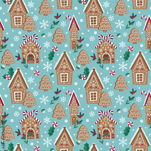 Seamless vector pattern with gingerbread houses.