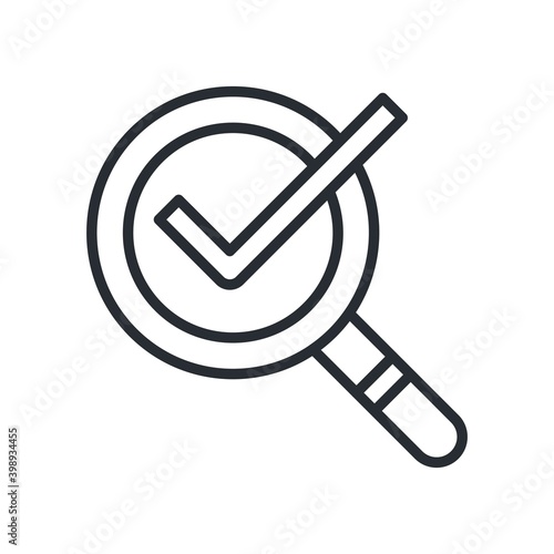 Check mark on magnifying glass icon. Search found sign.