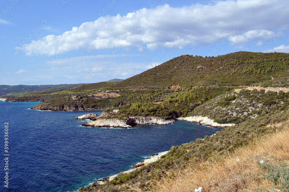 Panorama of the winding coast. View of the coastline of the peninsula. Chalhidiki, Greece.