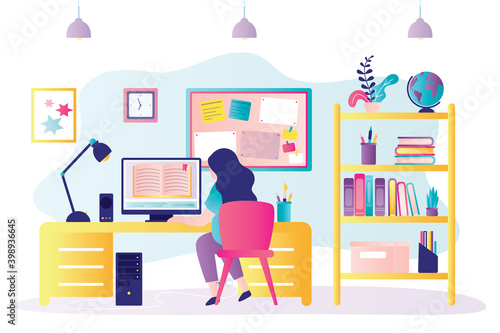 Female character learn online at home. Girl sits at table and studies. Workplace interior design. Open textbook on computer screen