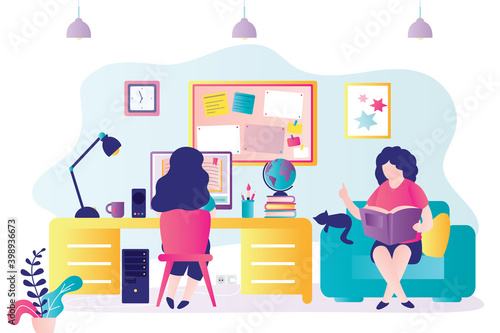 Parent teaches child at home. Girl with mother or tutor getting education. Schoolgirl sitting at desktop and studying