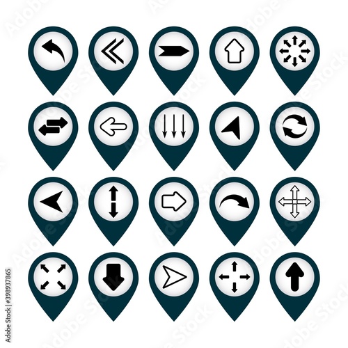 Location icon collection with arrows, direction concept. Vector illustration isolated.