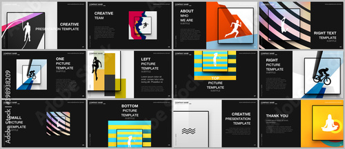Presentation design vector templates, multipurpose template for presentation slide, brochure cover design. Abstract colored sport backgrounds in unique style for sport event, fitness design.