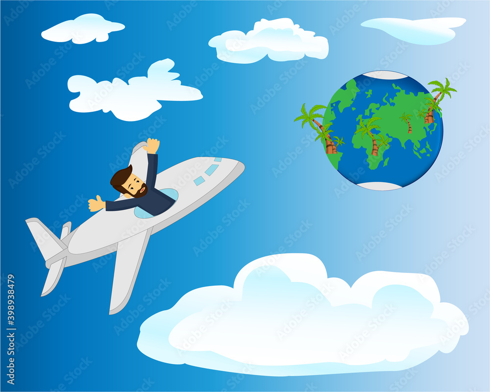 A traveller flying in a plane to the Earth planet vect5or illustration. Global travelling concept A traveller flying in a plane to the Earth planet vect5or illustration. Global travelling concept