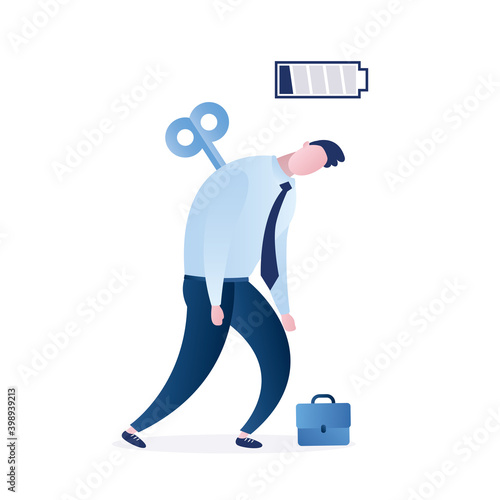 Tired man employee. Burn-out, emotional stress. Businessman with empty battery. Handsome office worker with low energy.