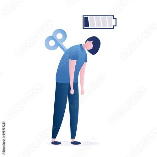 Two tired employees goes at home. Office workers with full battery go to work. Business people with briefcases.