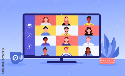 Video call concept with diverse multiracial characters on computer monitor. Flat cartoon vector illustration