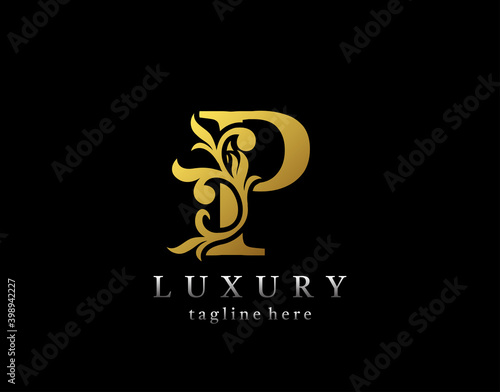 Letter P luxury logo icon, luxury gold flourishes ornament monogram design vector.
