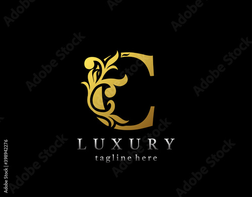 Letter C luxury logo icon, luxury gold flourishes ornament monogram design vector.