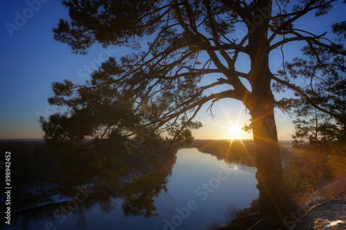 The sun shines through the branches of the trees at sunset. Landscape with a river and a forest. © lexuss