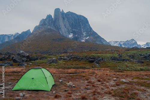 Tent under Mount Ulamertorsuaq in the Tasermiut Fjord.