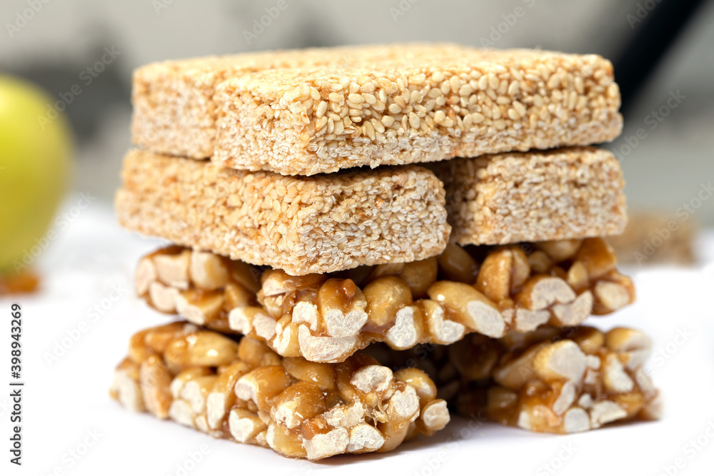 Cereal granola bar with nuts. Energy healthy snack. Protein muesli bars. Top view Cereal granola bar with nuts. Energy healthy snack. Protein muesli bars. Top view