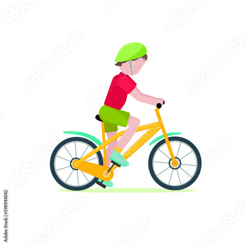 Fototapeta Naklejka Na Ścianę i Meble -  Boy rides a yellow Bicycle. Vector illustration of a cartoon in a flat style, isolated on a white background. A child in a helmet learns to ride a Bicycle. Children's safe Cycling