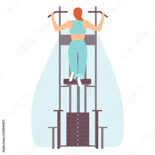 Young woman pulls up in the gravitron in the gym. Exercise machine. Healthy lifestyle. Vector illustration in hand drawn flat style.