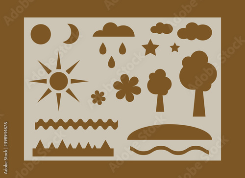   Stencil  for children creativity. Silhouettes of moon,sun,trees,flowers,grass. Template for laser cutting, wood carving, paper cut and printing. Vector illustration.