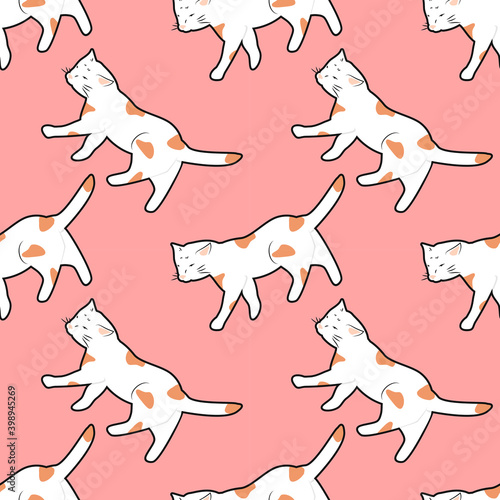 cute seamless vector pattern with hand drawn  identical white cats on a pink background. illustration for printing on fabric, clothing, gift paper, for websites and applications