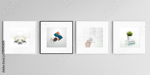 Realistic vector set of square picture frames isolated on gray background. Home office concept, study or freelance, working from home.