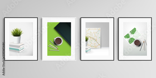 Realistic vector set of picture frames in A4 format isolated on gray background. Home office concept, study or freelance, working from home.
