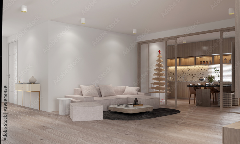 Modern interior design of living room and dining room and Christmas tree mock up and wall texture background Modern interior design of living room and dining room and Christmas tree mock up and wall texture background