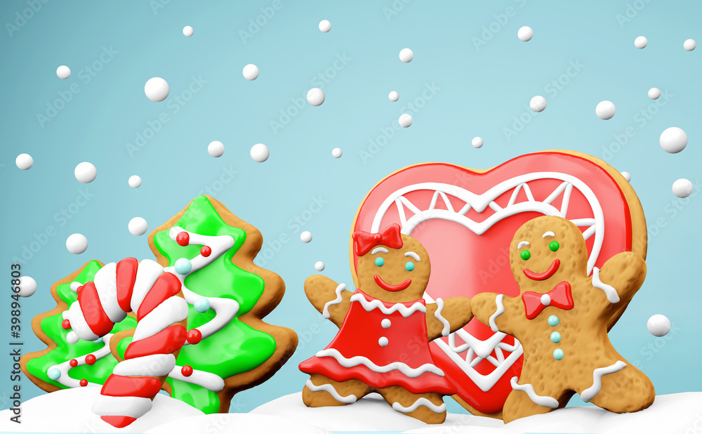 Obraz premium 3D Christmas gingerbread couple in love. Winter landscape with gingerbread bisquits man and woman, heart, candy cane, christmas tree, snowballs on a lignt blue backround. Conceptual cute wallpaper