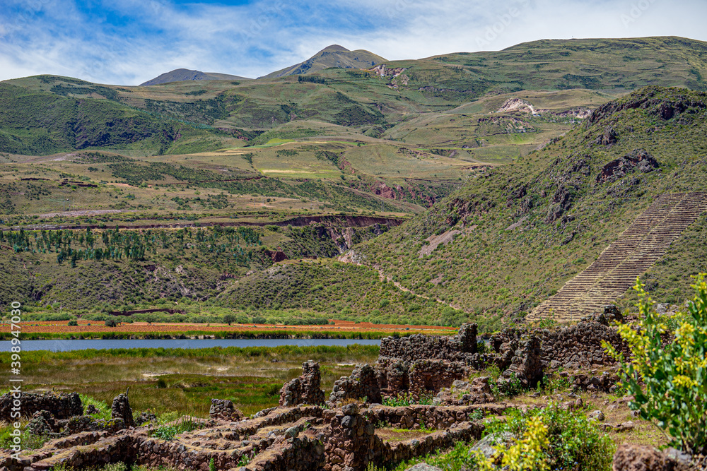 Peru, Landscape near Cuzco. Inca ruins and farmland